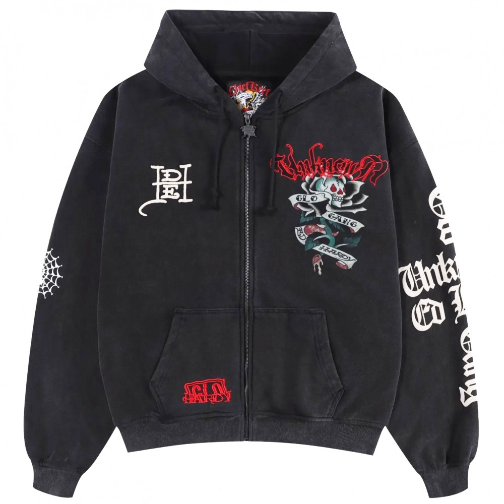 Chief Keef x Ed Hardy x Unknown London Full Print Zip Hoodie (Washed Black)