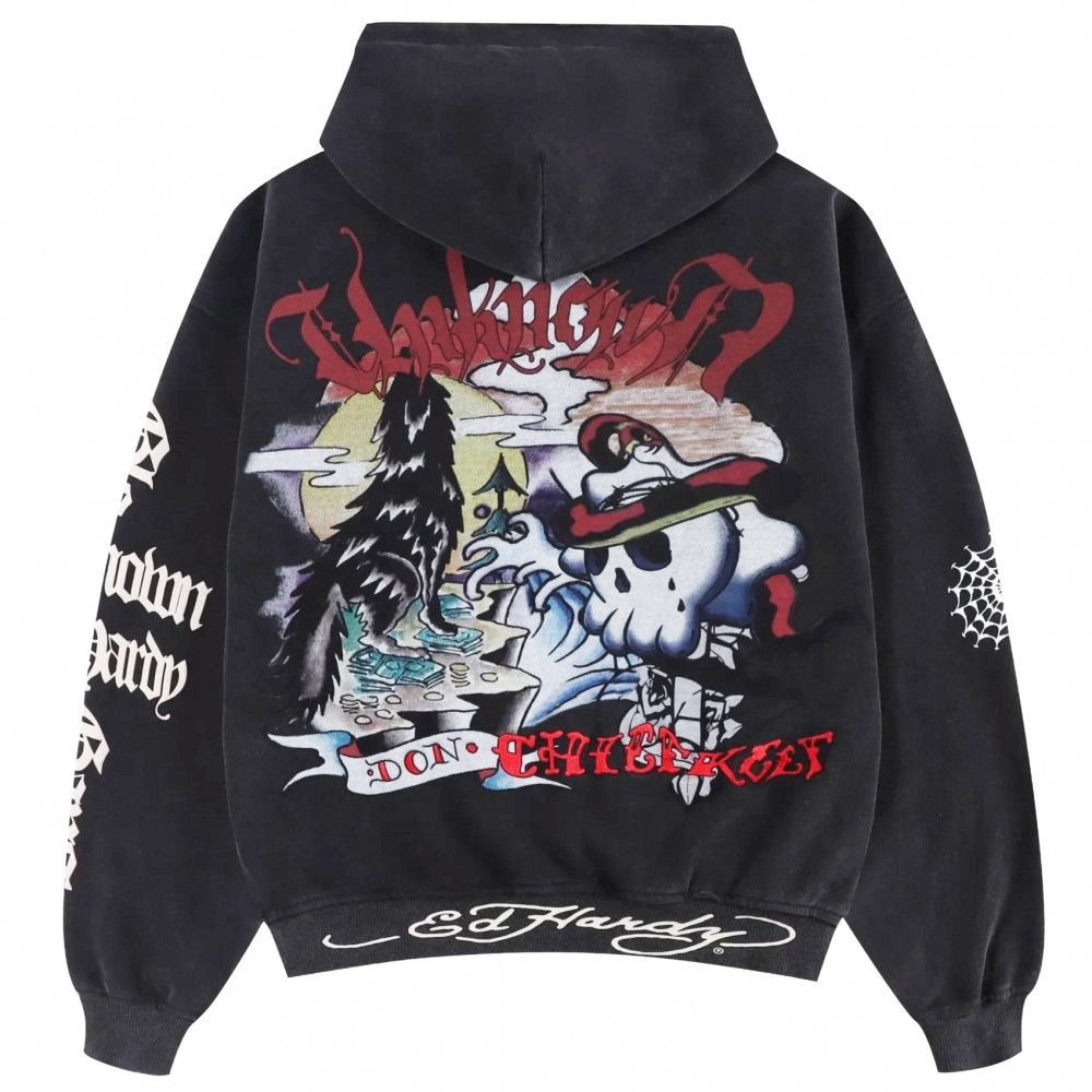 Chief Keef x Ed Hardy x Unknown London Full Print Zip Hoodie (Washed Black)