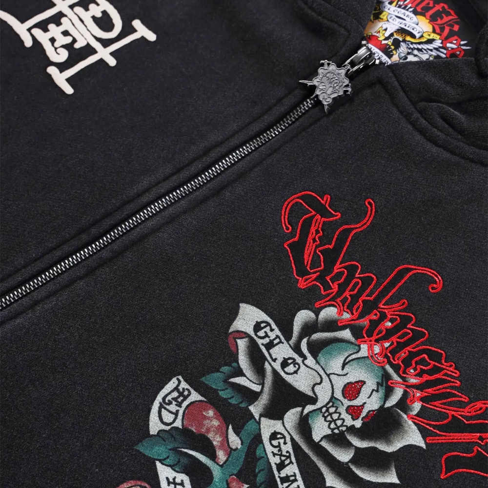 Chief Keef x Ed Hardy x Unknown London Full Print Zip Hoodie (Washed Black)