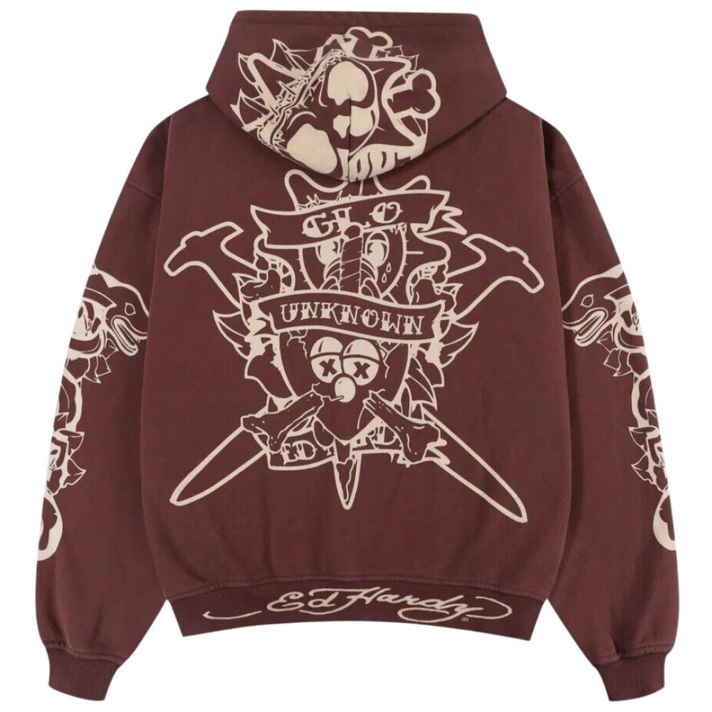 Chief Keef x Ed Hardy x Unknown London Glo Dagger Zip Hoodie (Brown)