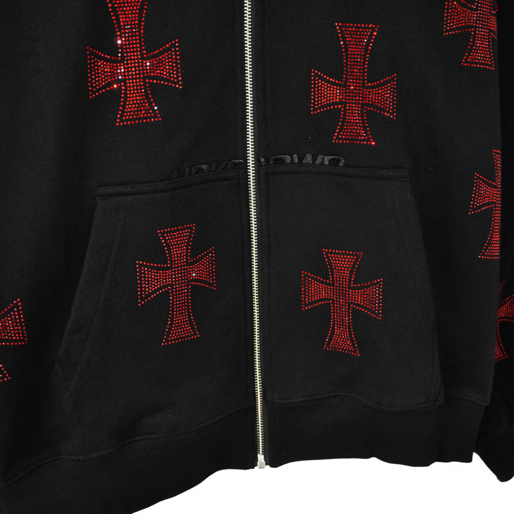 UNKNOWN Rhinestone Cross Zip-Up Hoodie (Black/Red)