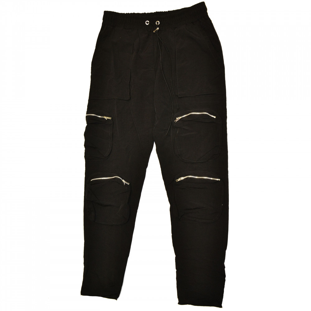Nylon Cargo Zip Pockets Pants (Black)