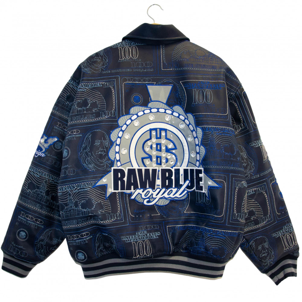 Raw Blue Faux Leather Embroidered Dollar Jacket (Navy)