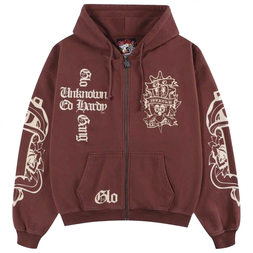 Chief Keef x Ed Hardy x Unknown London Glo Dagger Zip Hoodie (Brown)